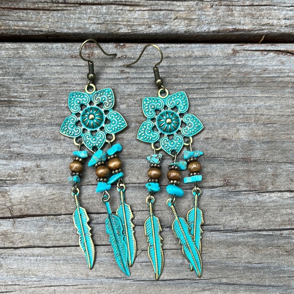 Boho Gypsy Stamped Metal Patina Drop Earrings - Picture 13 of 13